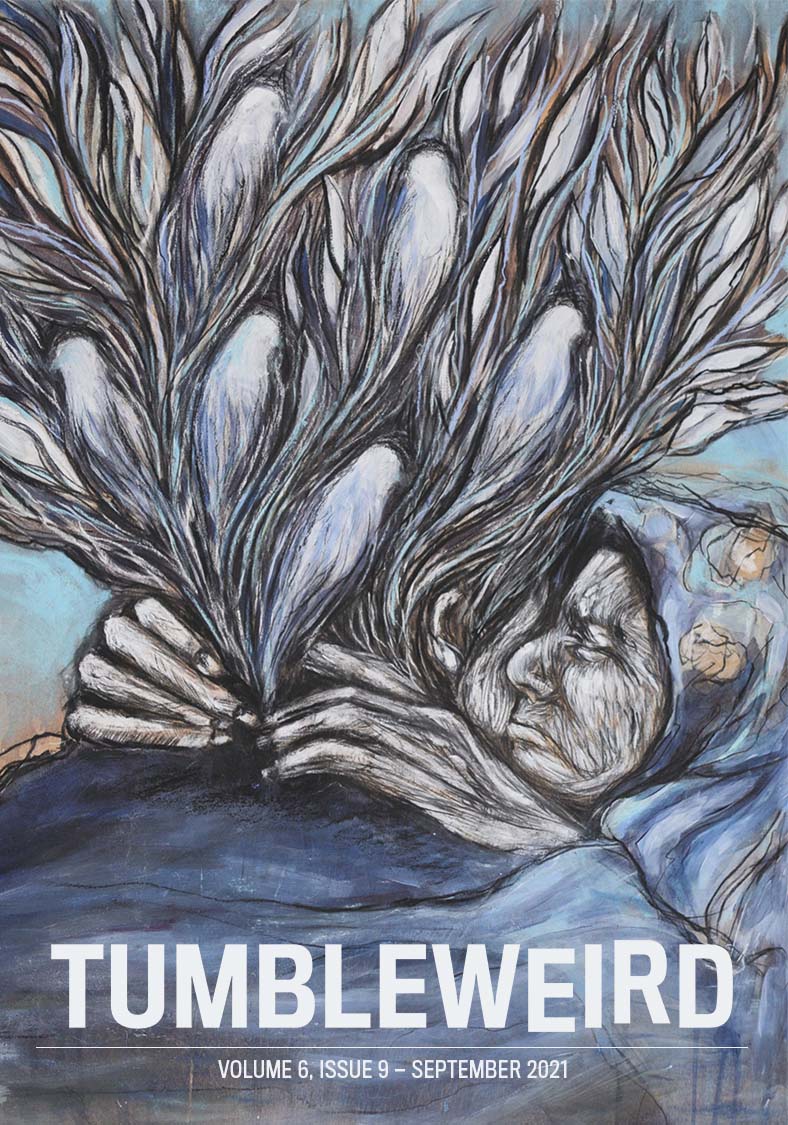 TUMBLEWEIRD volume 6, issue 9. Image shows an old woman with spirits, shaped a bit like birds, bursting out of her chest.