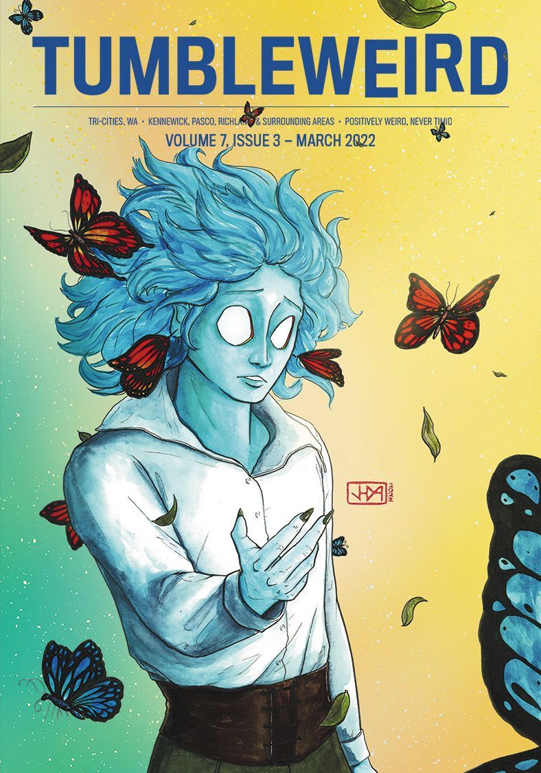 "Tumbleweird, volume 7 issue 3."  Image shows a blue figure on yellow background surrounded by butterflies.