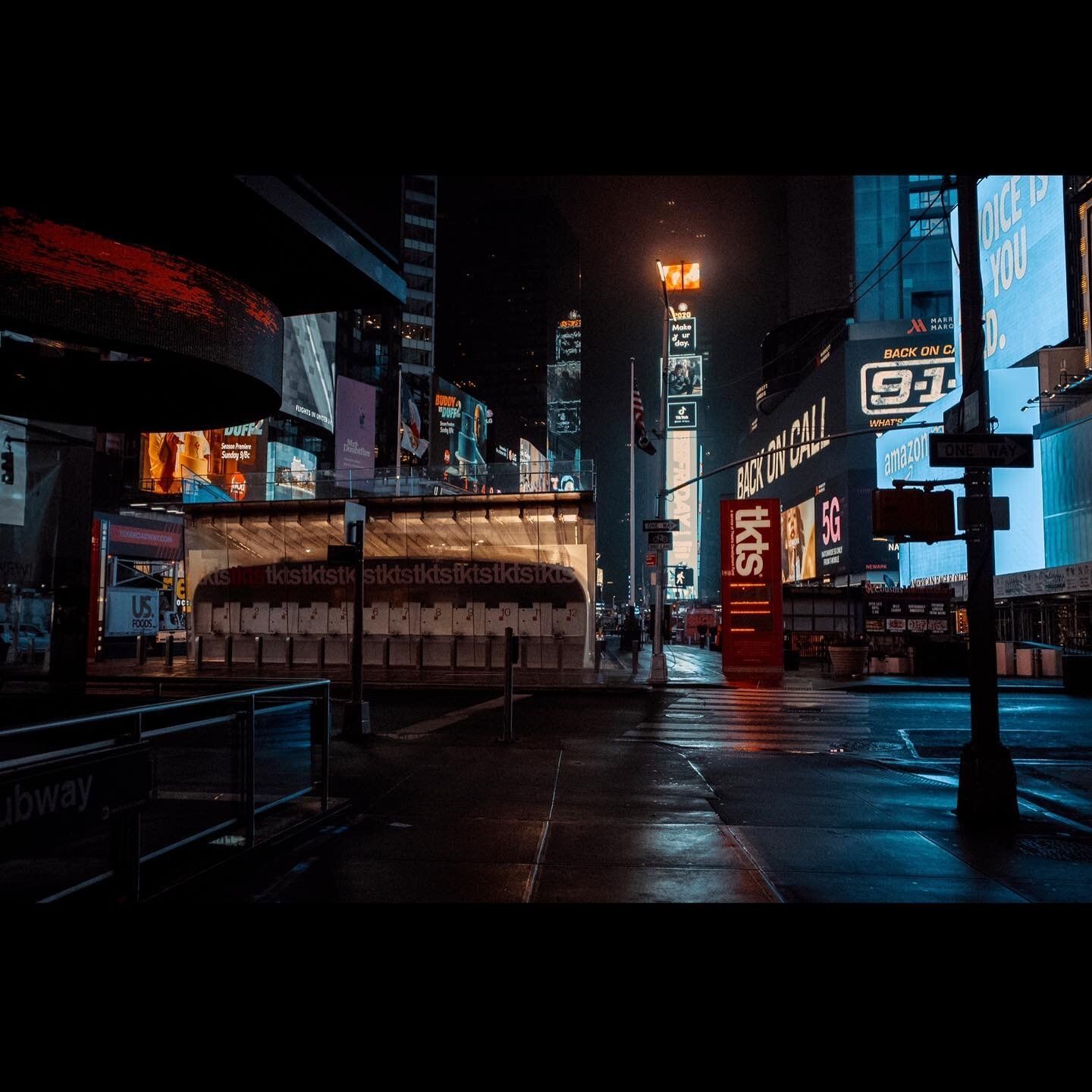 Photograph of empty Times Square at night