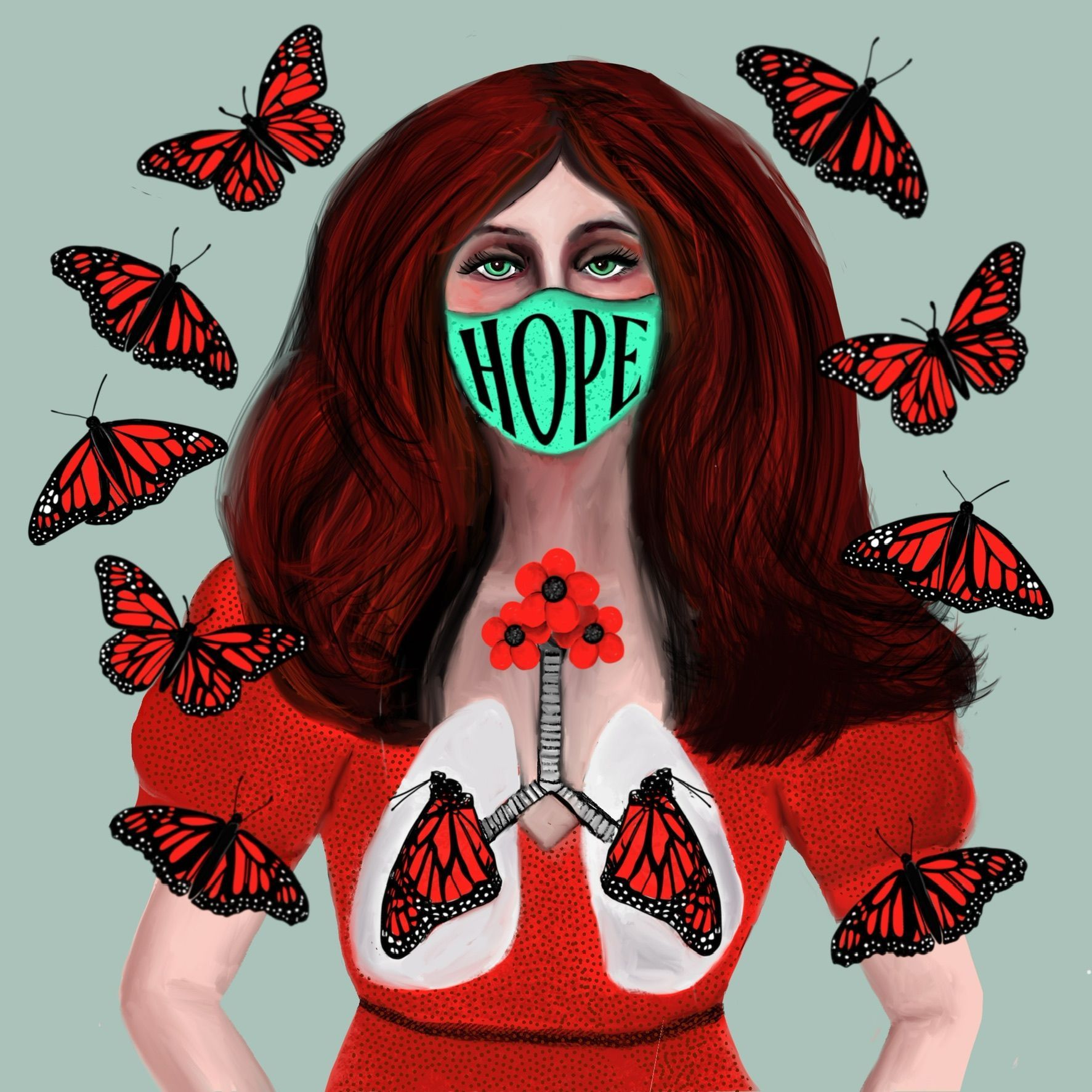 Woman wearing a mask that says "Hope" surrounded by butterflies; there is also a butterfly in each lung and flowers on the trachea