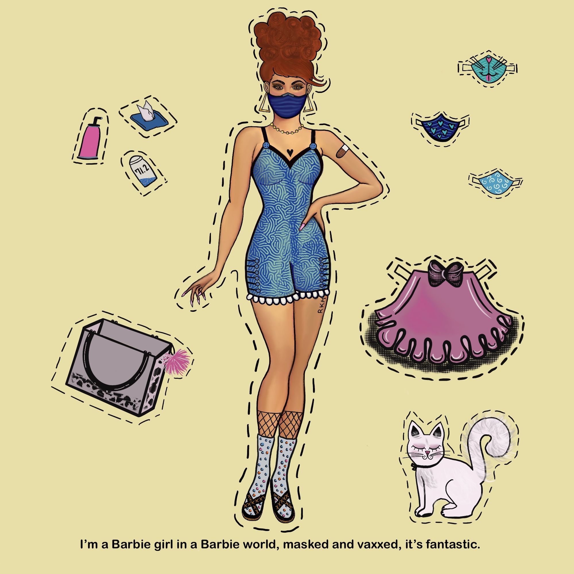 Paper doll with cut-outs that include masks, tissues, hand sanitizer, and more. The bottom reads: "I'm a Barbie girl in a Barbie world, masked and vaxxed, it's fantastic."