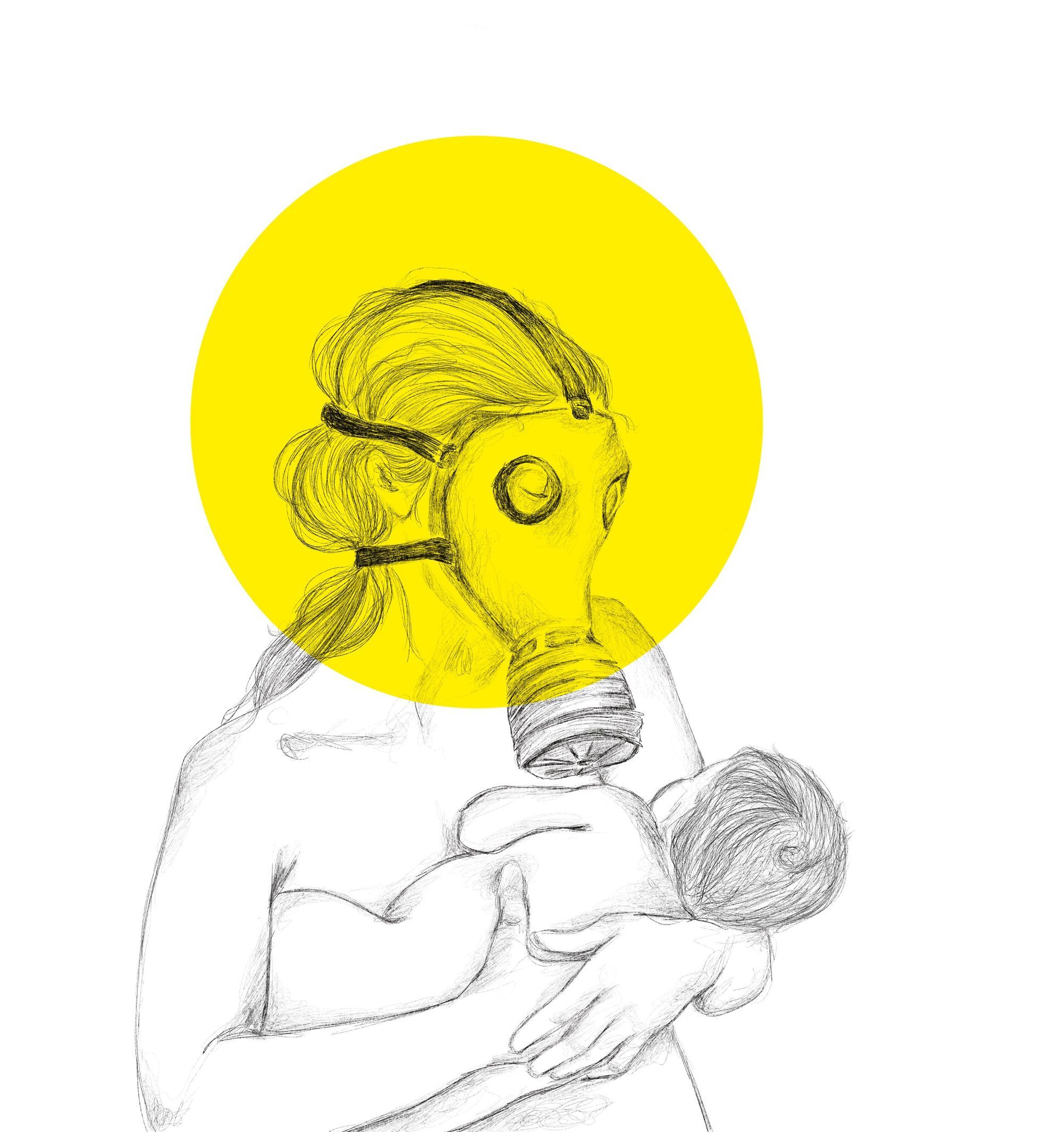 A mother wearing a gas mask cradles her baby. A vivid yellow covid19 warning circles the mother's head, nearly like a halo. 