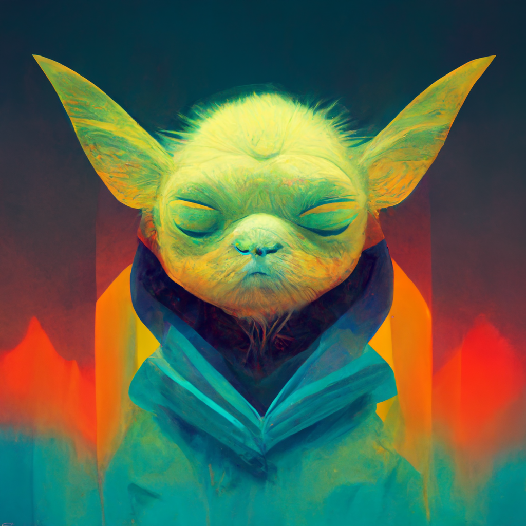Illustration of a yoda-looking dude on a colorful background.