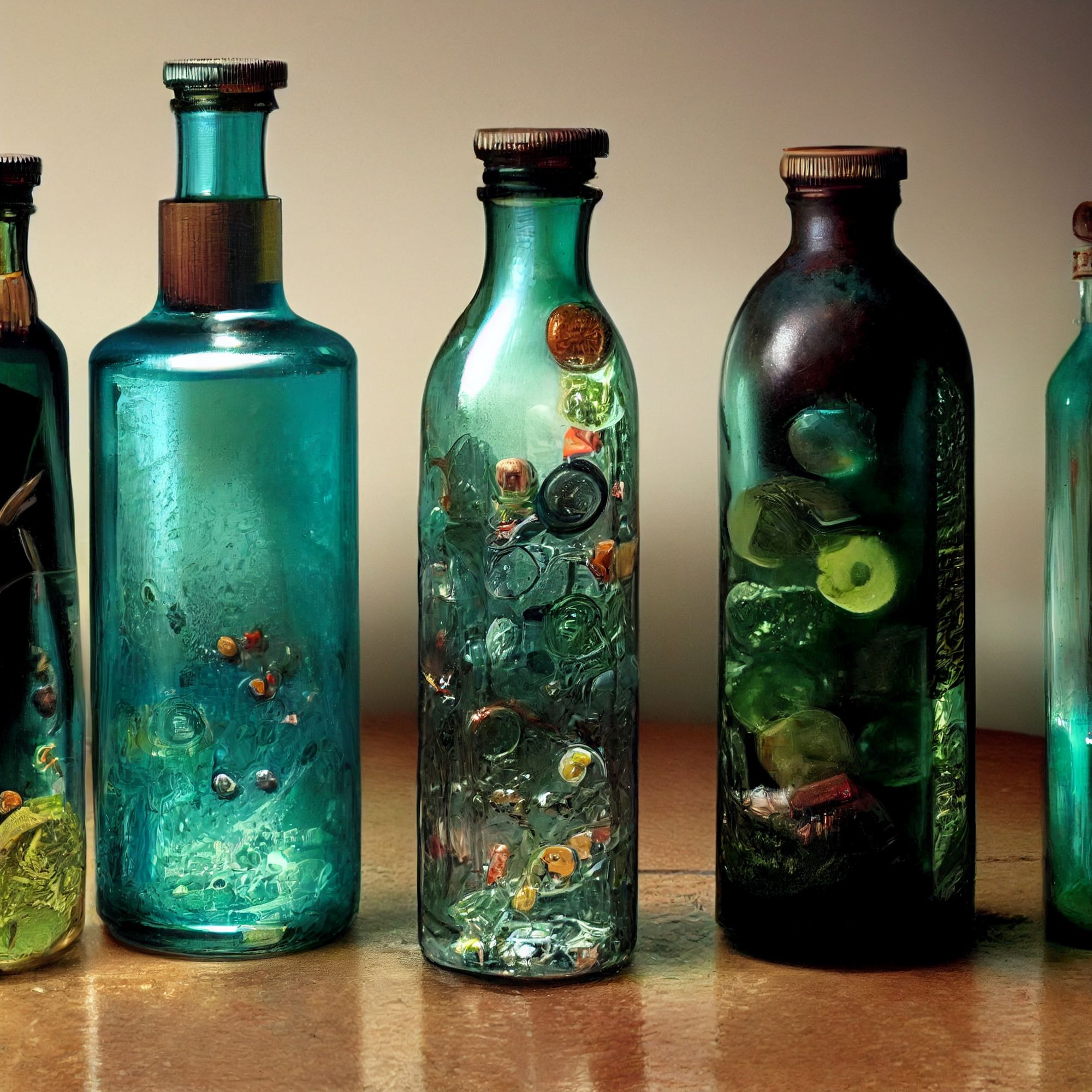 Many bottles filled with various abstract objects