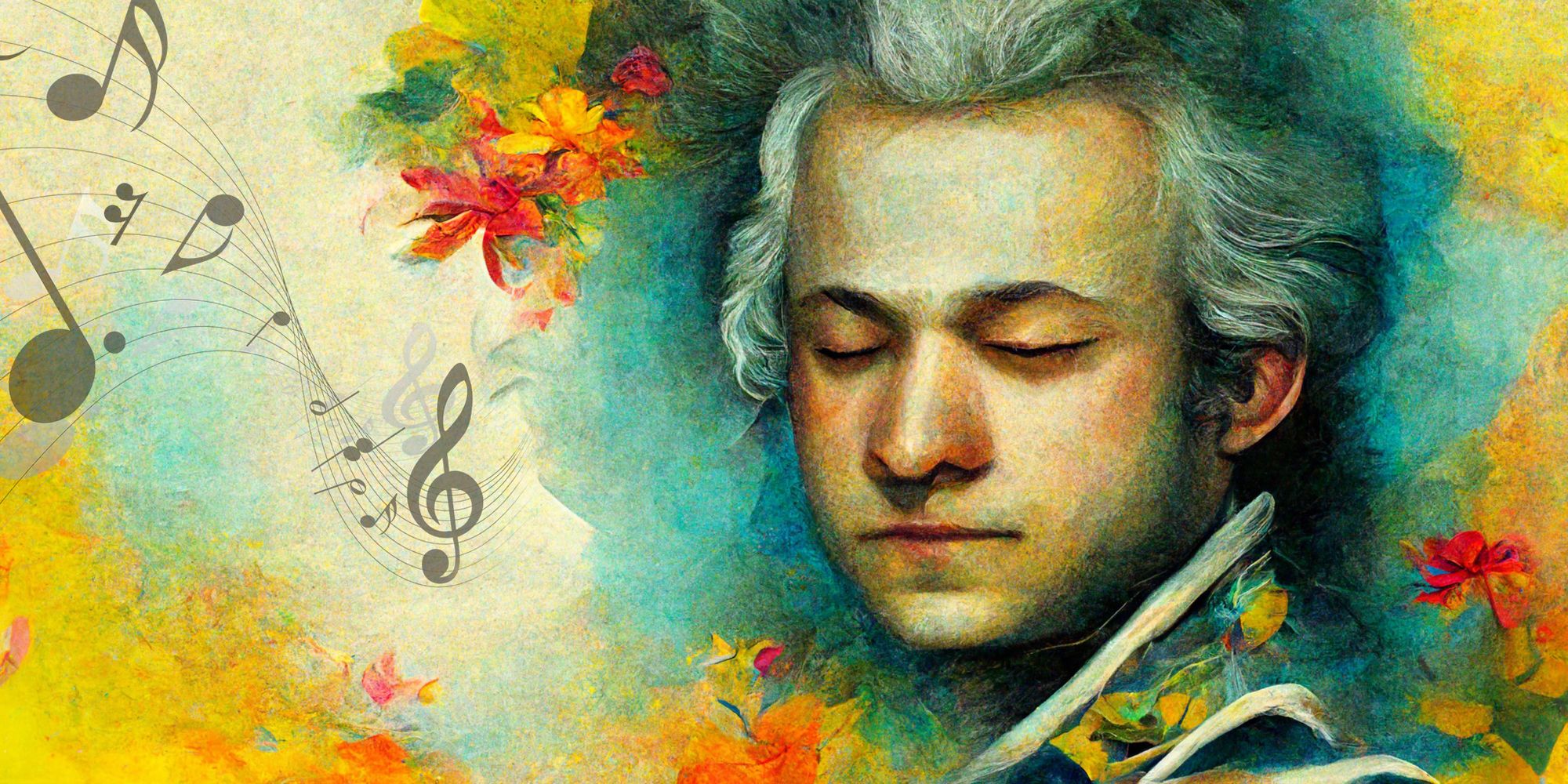 Picture of Mozart with dreamy background and musical notes