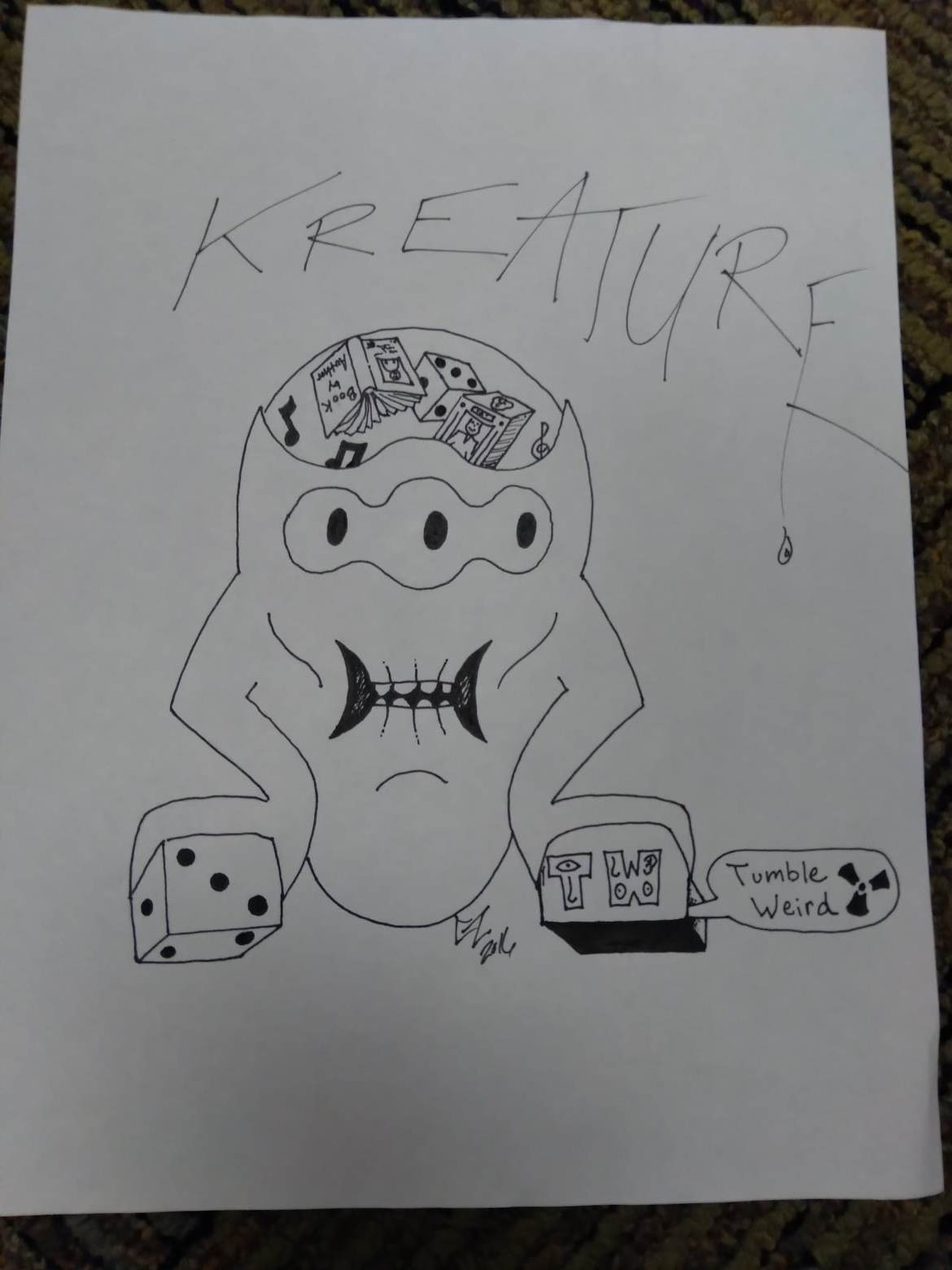 Drawing of a three eyed creature with text reading "tumbleweird".