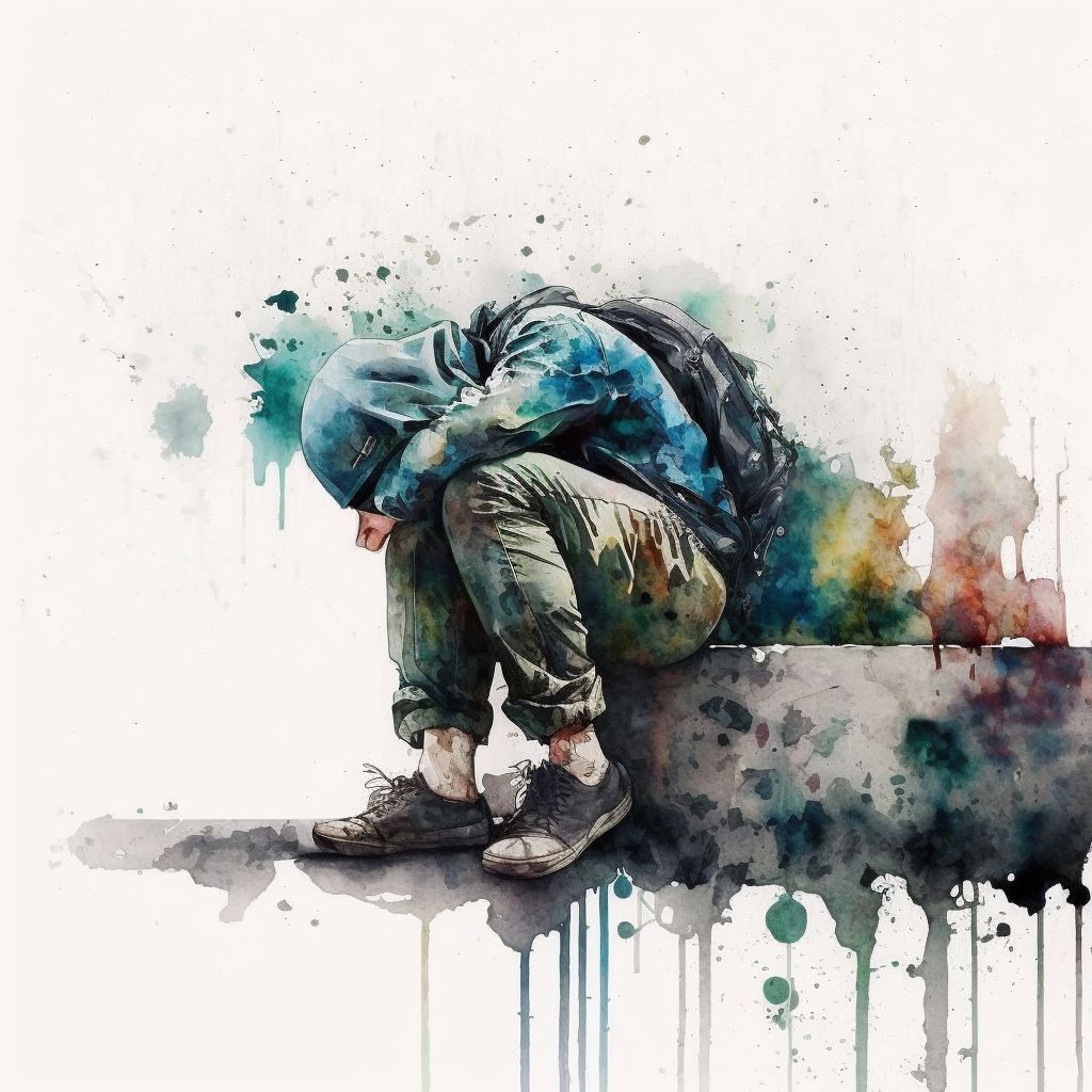 Watercolor painting of child looking sad, crouched with their head on their knees