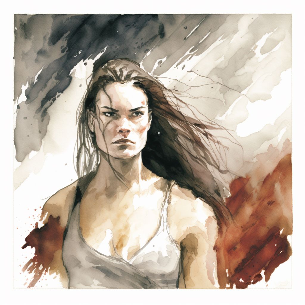 Watercolor painting of woman looking strong with a severe expression