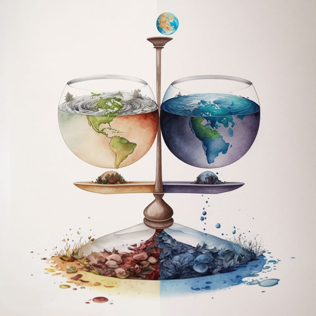 Watercolor painting of two glass cups on a scale; one side is earth and the other is water
