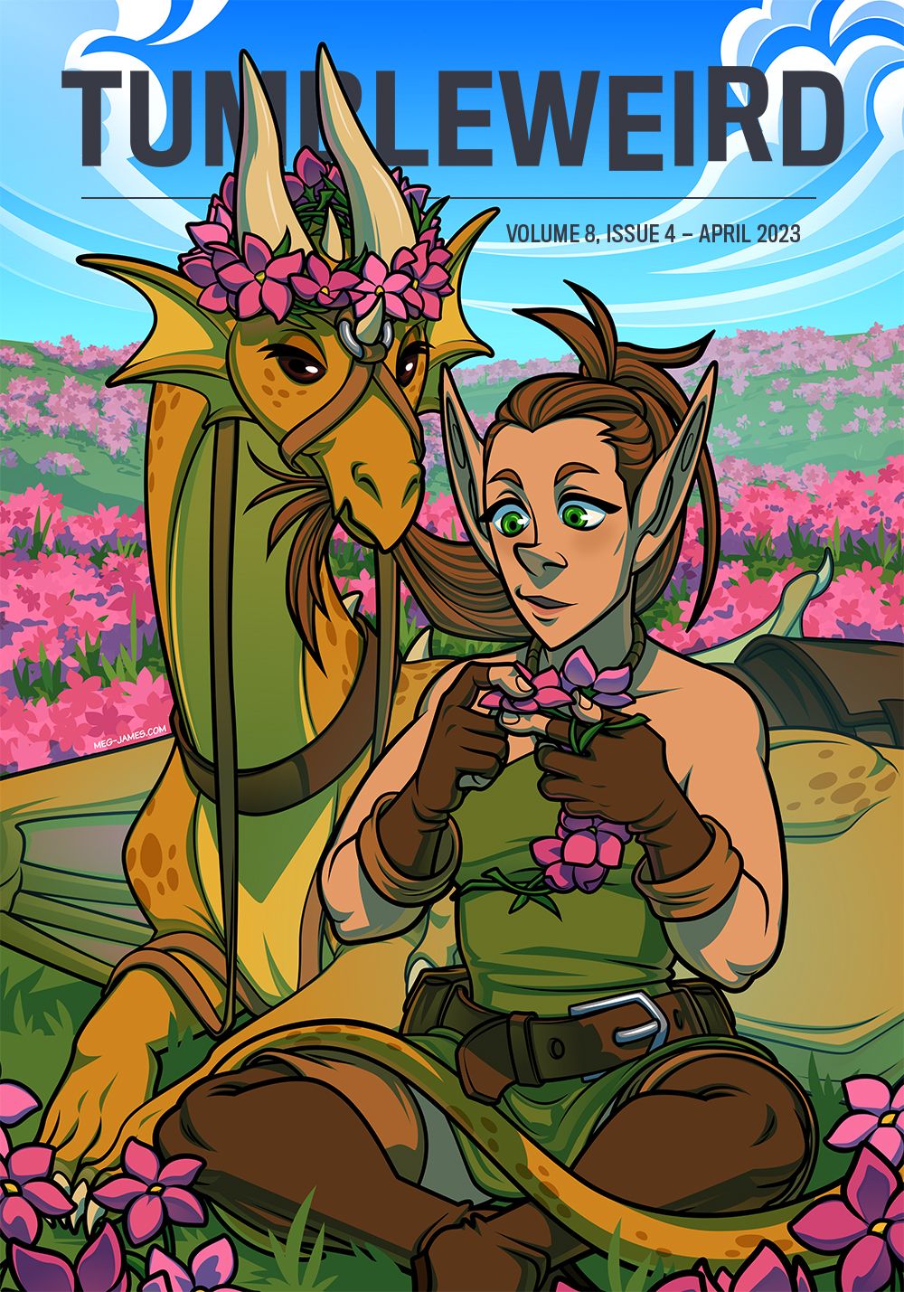 Image of elf and dragon picking flowers and making flower wreaths