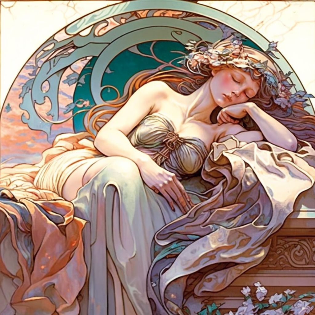 Painting in the style of Mucha of a woman in robes resting her head on her arm