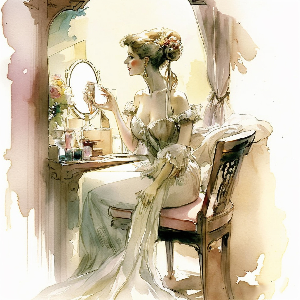 Painting in the style of Mucha of a woman sitting at a vanity looking in the mirror