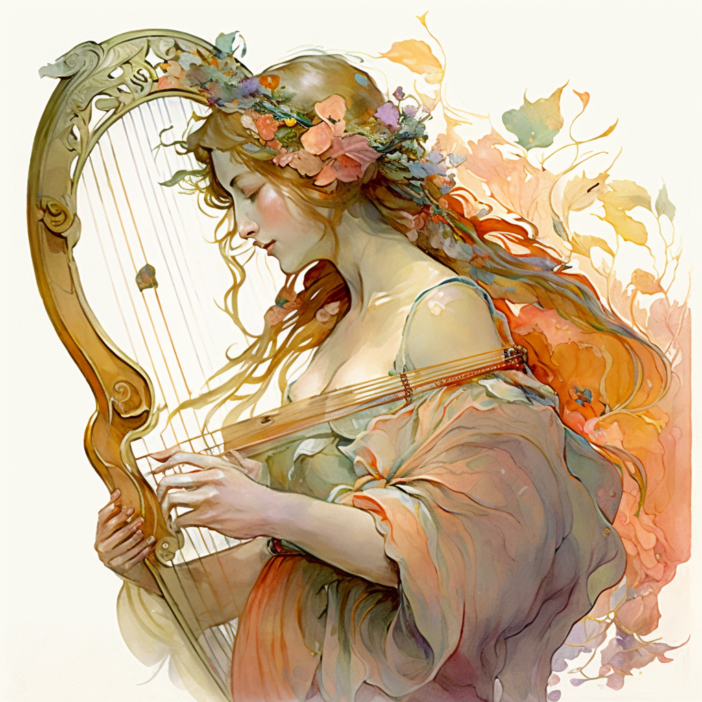 Painting in the style of Mucha of a woman playing a harp