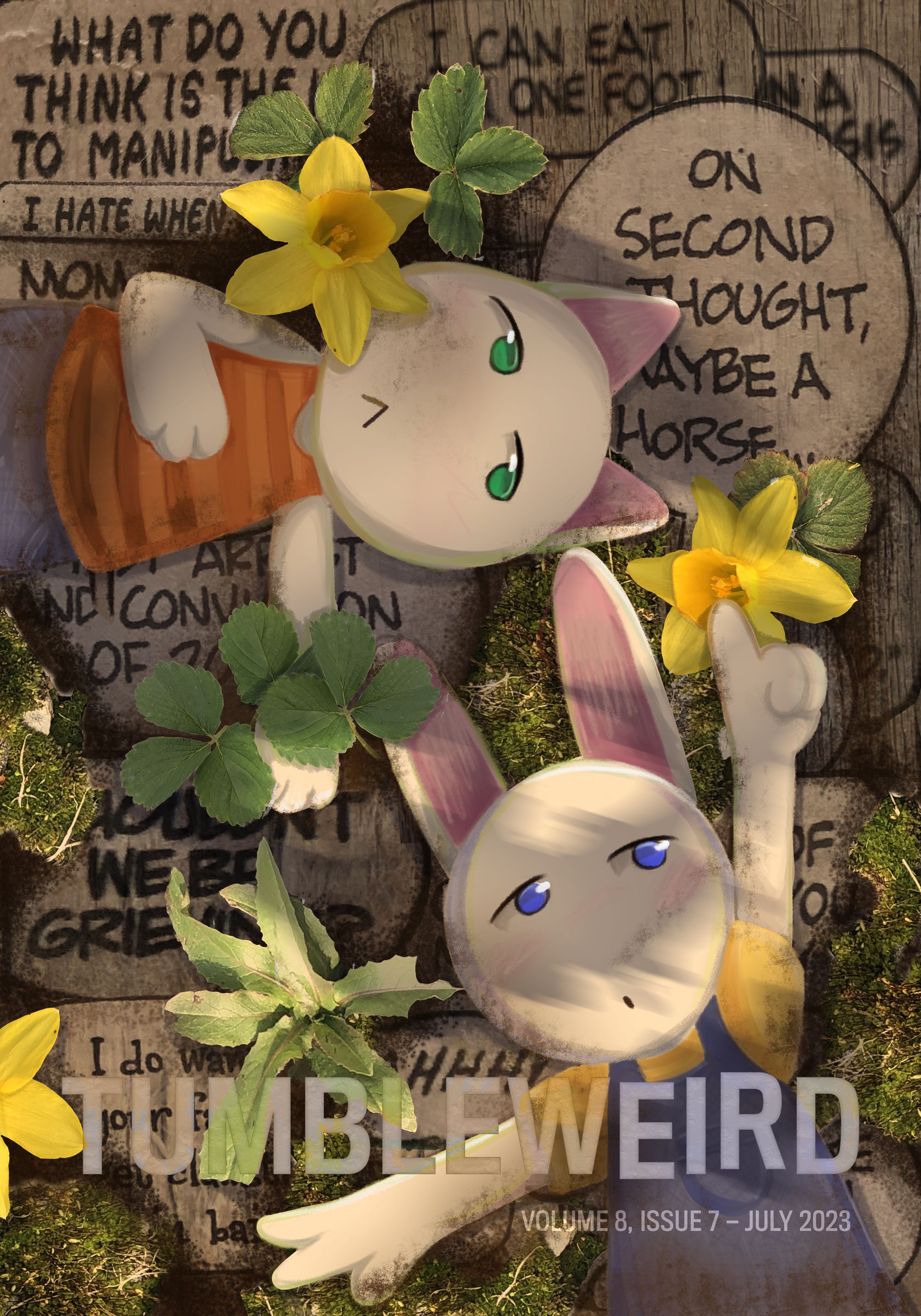 A bunny and cat laying on the ground looking at clouds. The stones under them have partially concealed text.