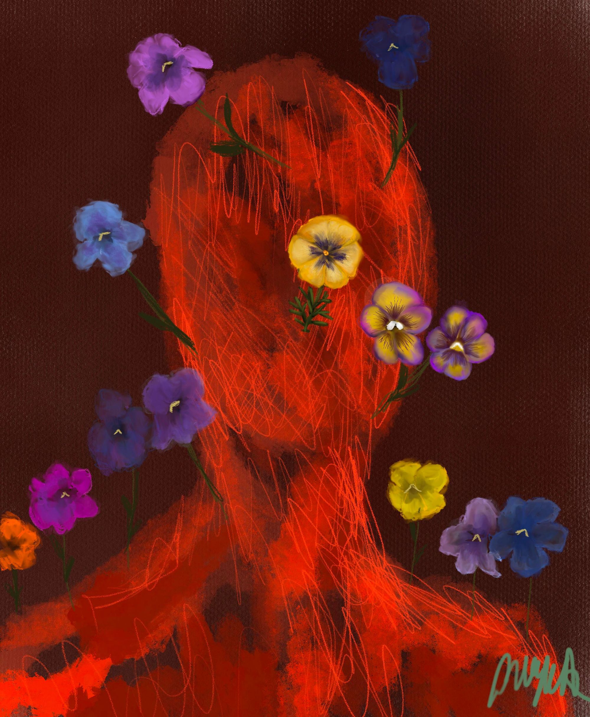 Painting of scribbly red bust with flowers