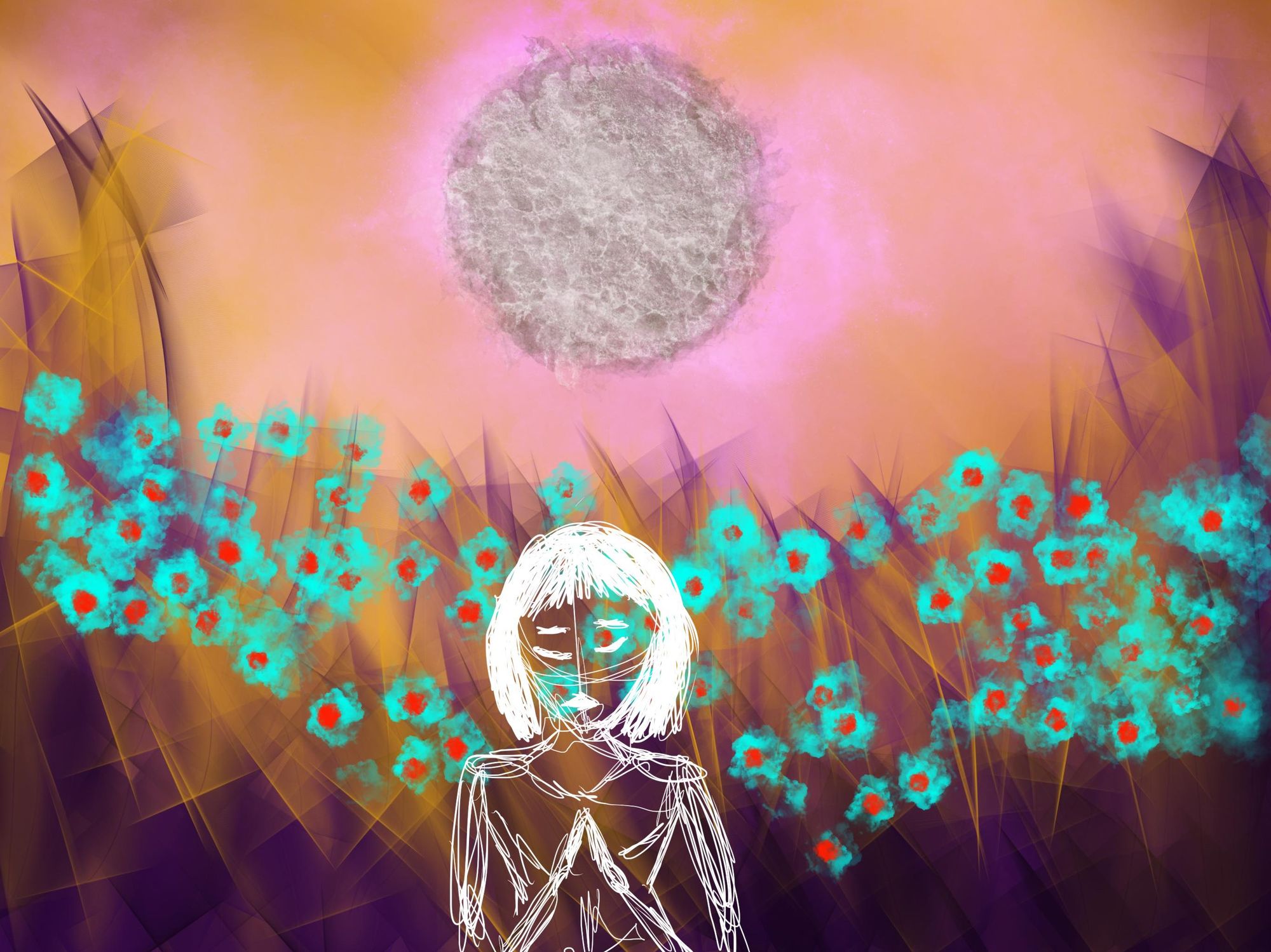 Art with scratchy white figure standing in front of abstract landscape with a spongy moon