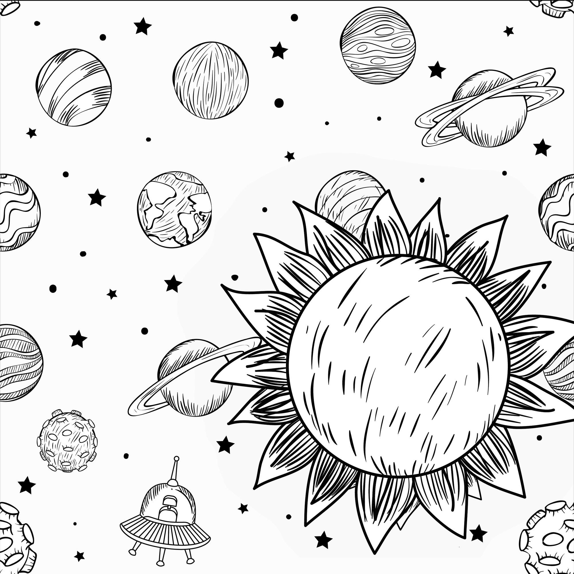 A black-and-white image of planets in space, with a alien looking spaceship in the corner.