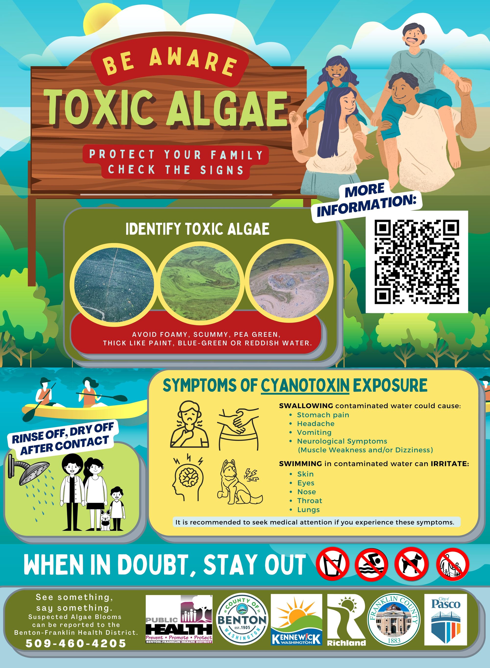 An informative poster about being aware of toxic algae and cyanotoxin exposure.