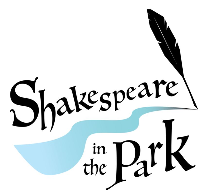 The logo for Shakespeare in the Park, it features a feather quill writing with blue ink.