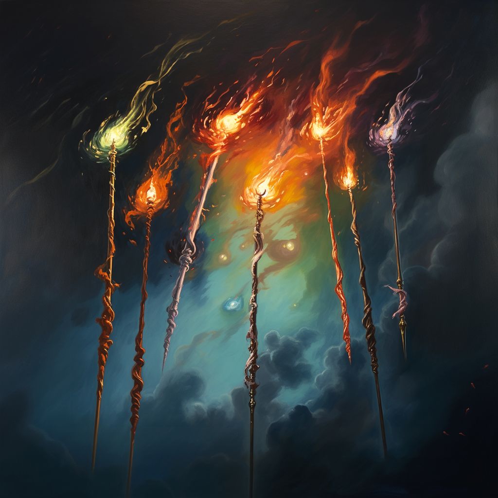 An image of seven wands all lit up with different color magic.
