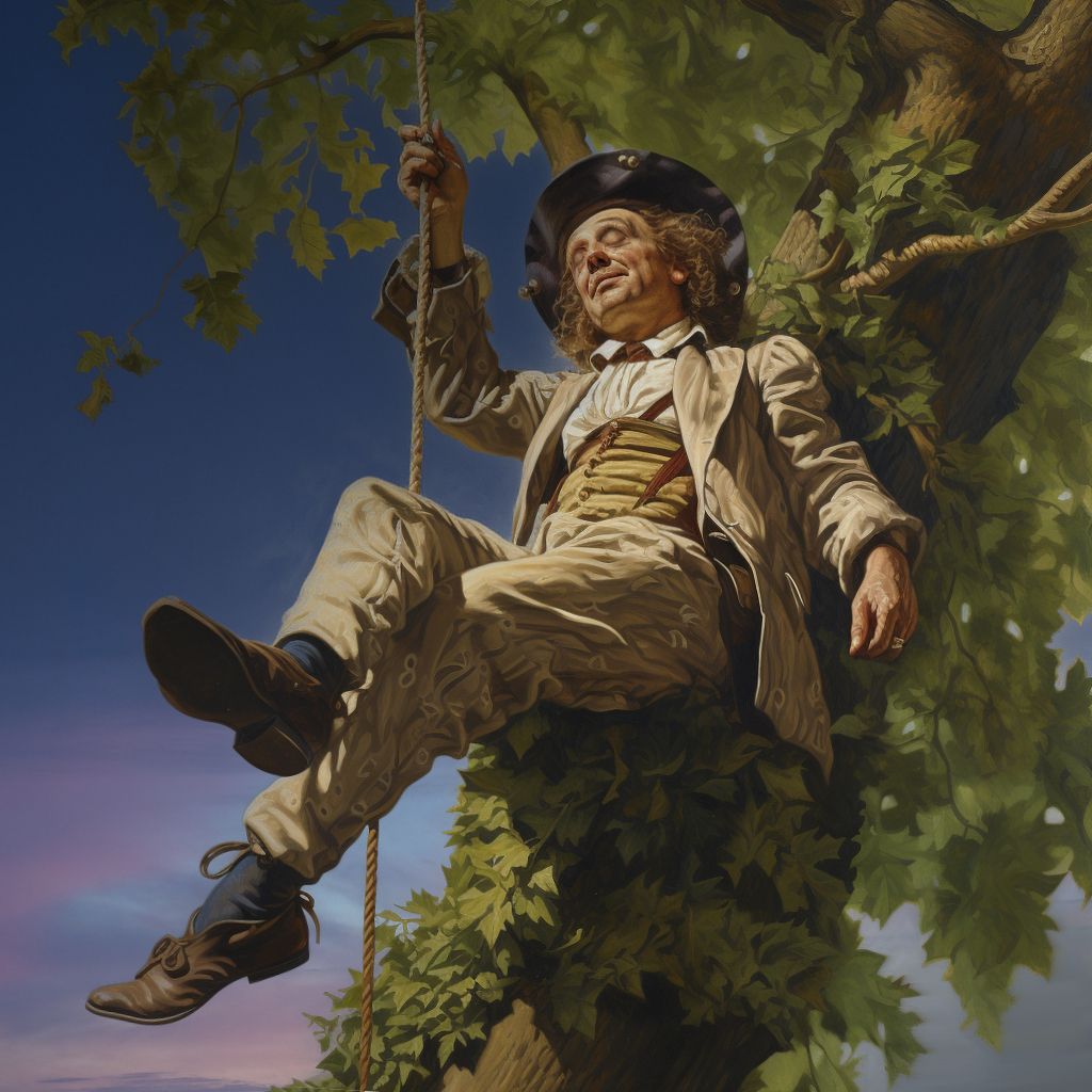 An image of a man sitting leaning against a tree in the air holding onto only a rope for stability.