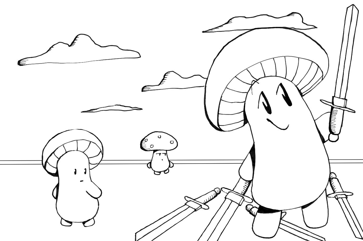 An image of three mushroom people, one inspecting 5 swords and the others looking back at them.