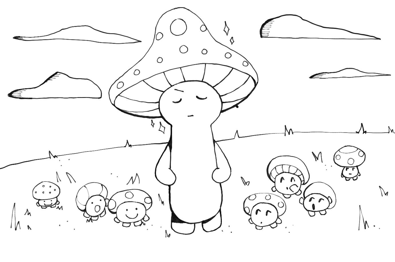 An image of a proud and tough looking mushroom person with little mushroom people following them.