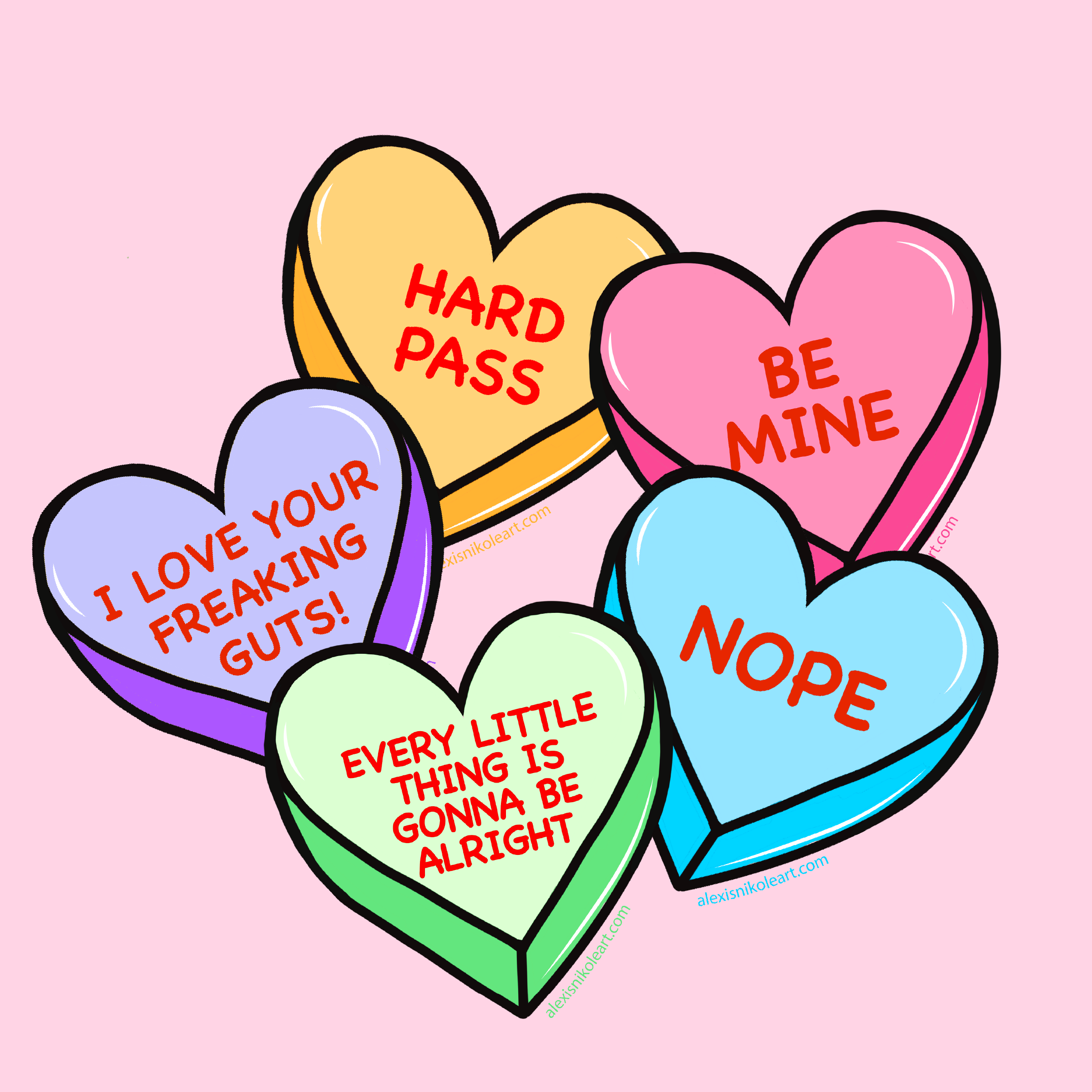 An illustration of valentines candy hearts in various colors with positive and negative sentiments on them.