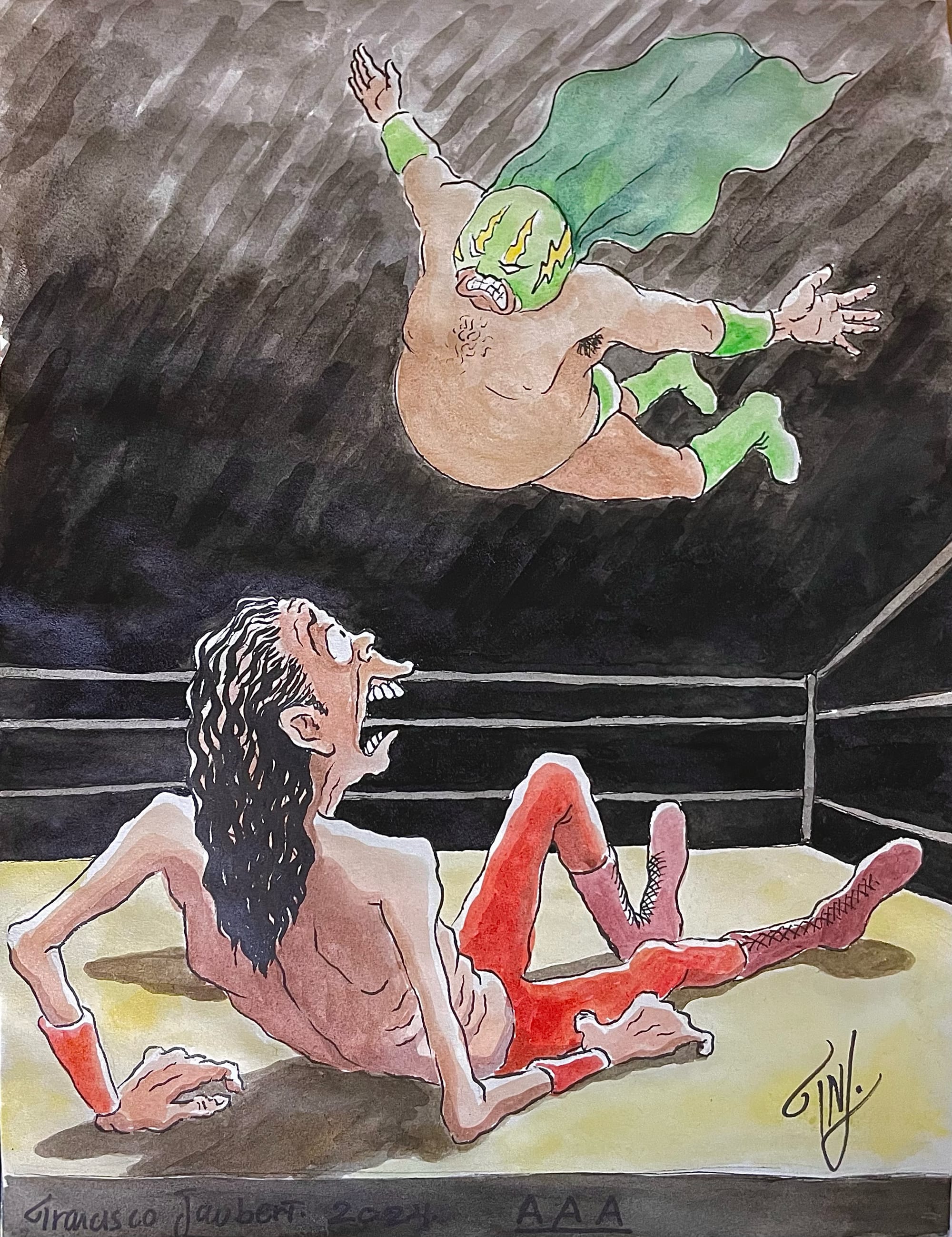 Cartoon of a wrestler in a luchador mask in the air about to land on another wrestler inside the ring