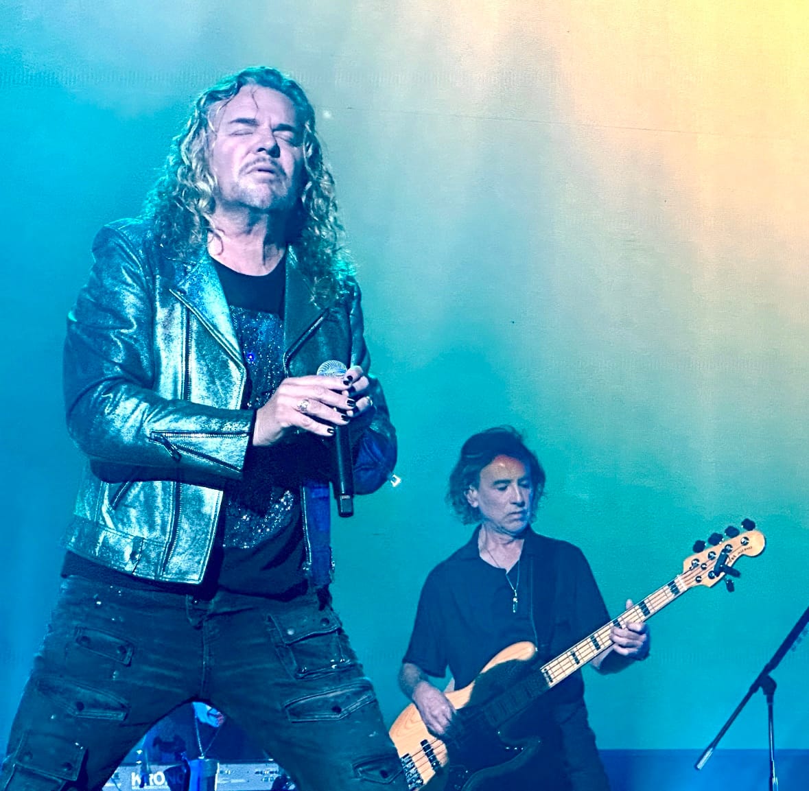 A blue image of two people in a band, one with long hair holding a microphone, and the other a guitar.