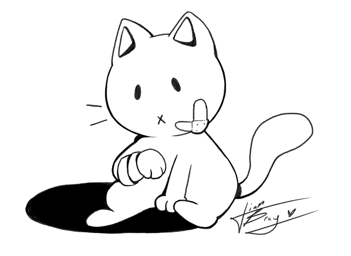 An illustration of a cartoon cat with bandages. 