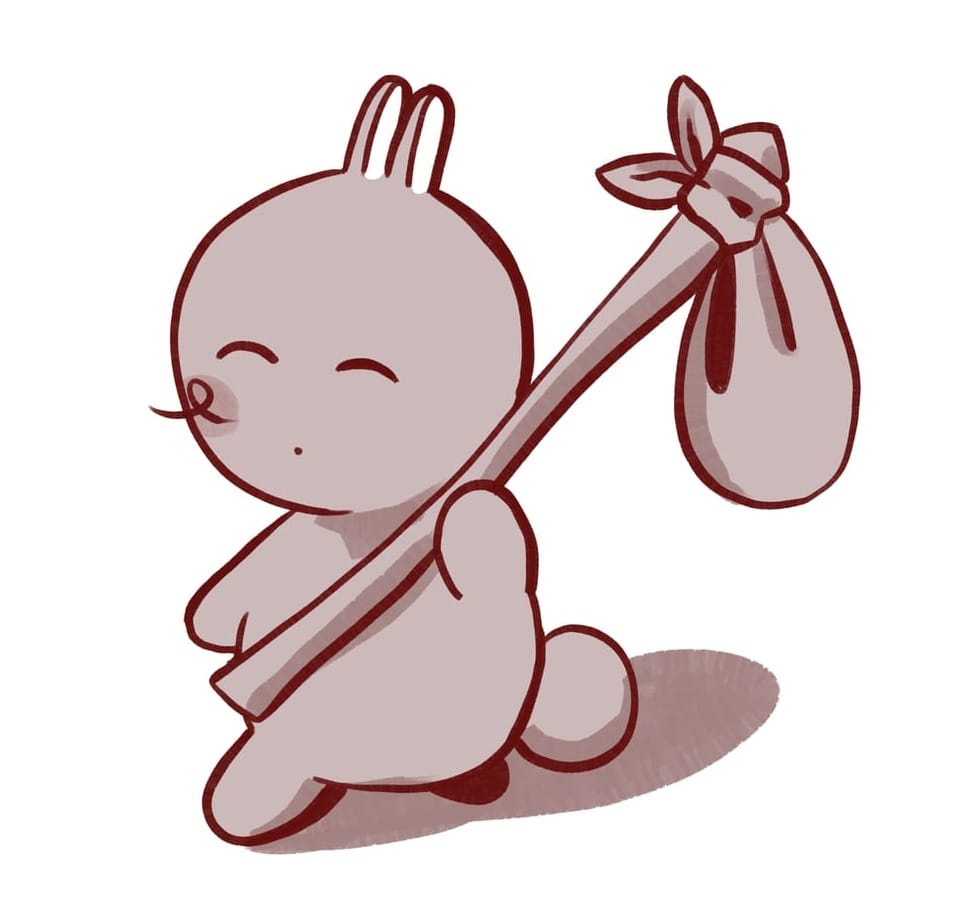 An image of a cartoon rabbit carrying a bindle and walking happily to the left.