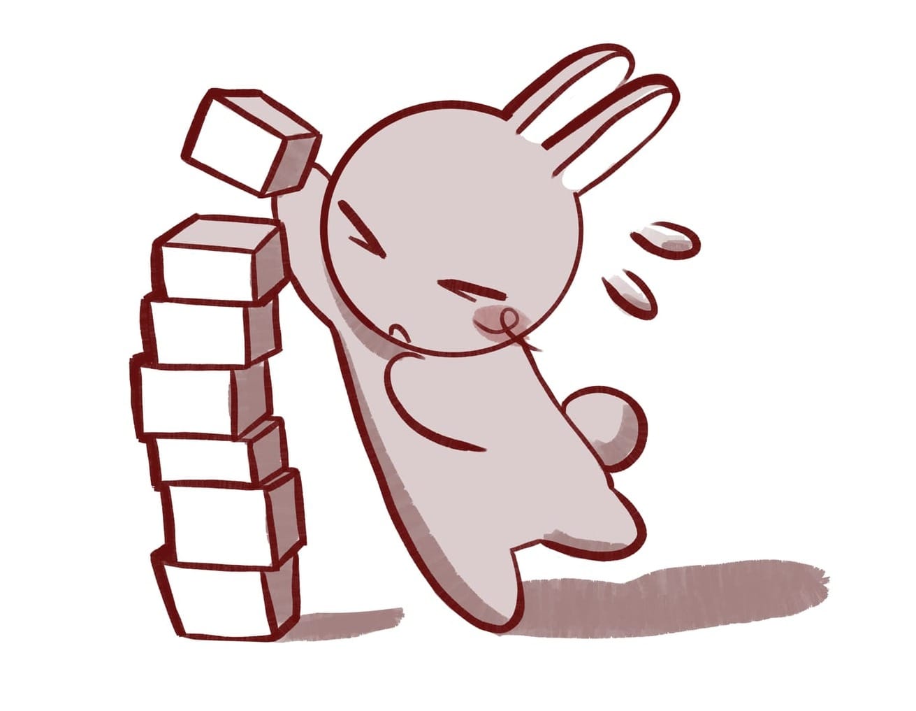 An image of a cartoon rabbit sweating profusely as it places the last block on a tower of blocks.