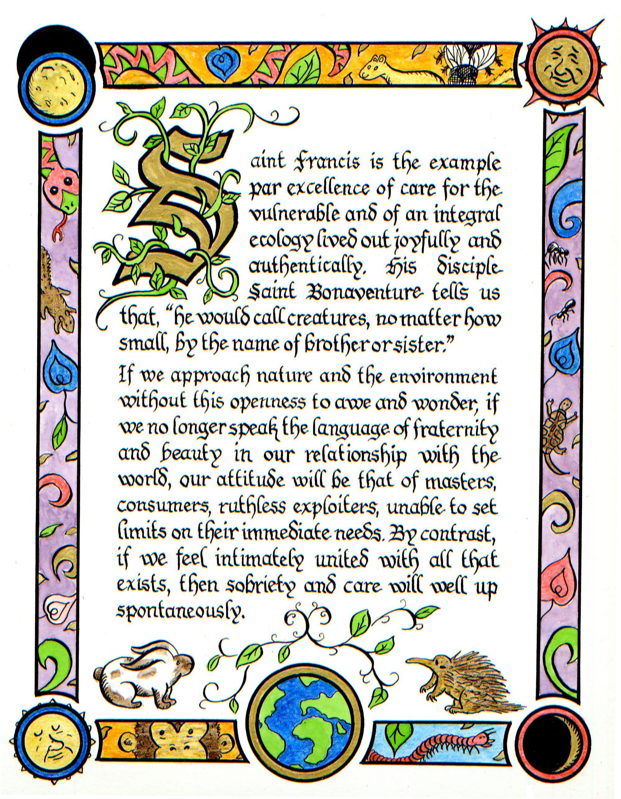 Illuminated manuscript, depicting an excerpt from the "Laudato Si" encyclical, Pope Francis's call to environmental action